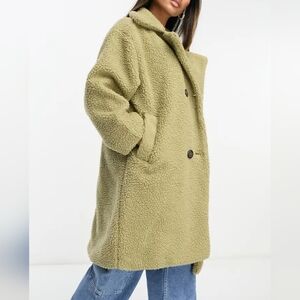 Teddy Double Breasted Borg Jacket Sage Green, Size 14, Excellent Used Condition